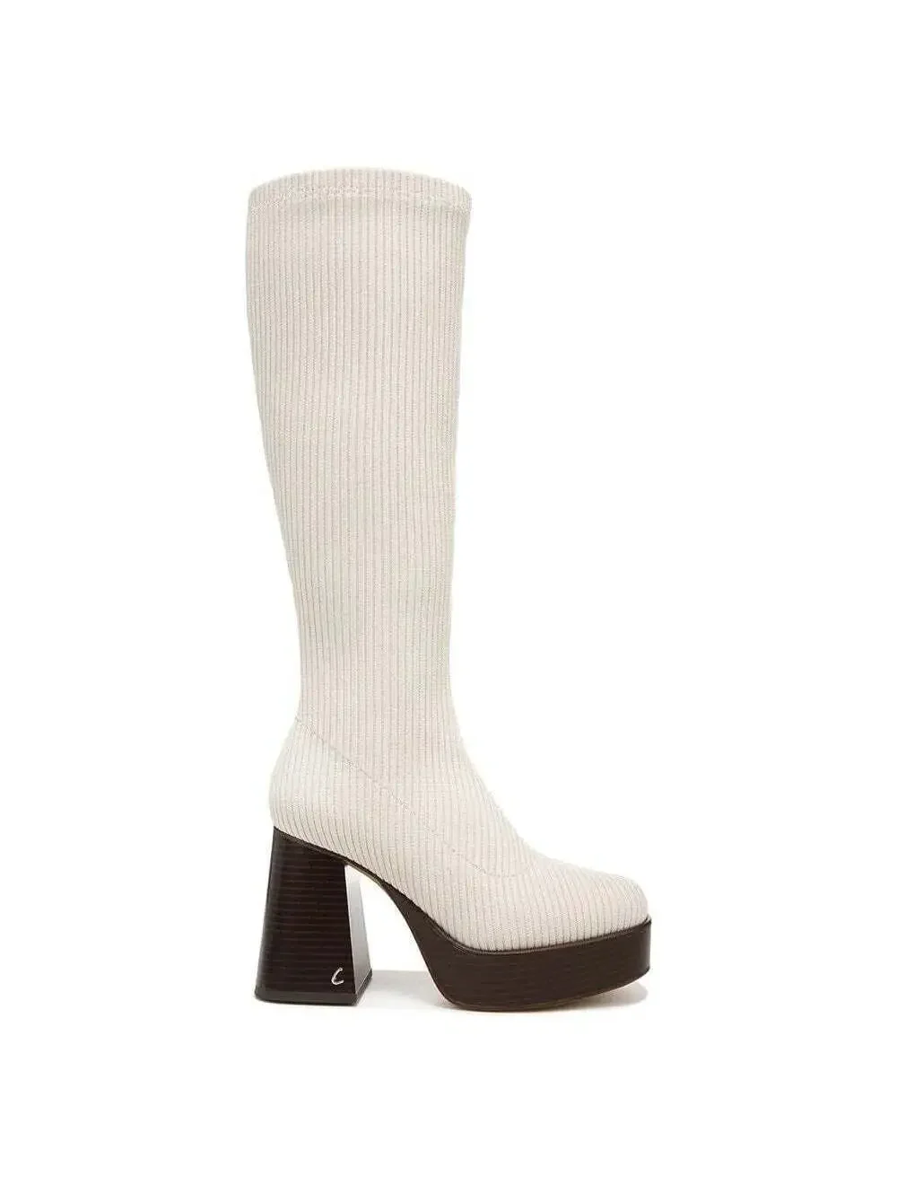 Women's Sam Edelman Circus fabric go go boots white w/ brown heel brand new